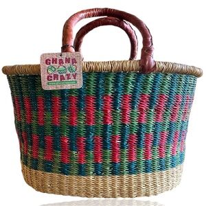 NWT NEW “Ghana Crazy” Handwoven Bolga Colorful Market Basket Leather Handles